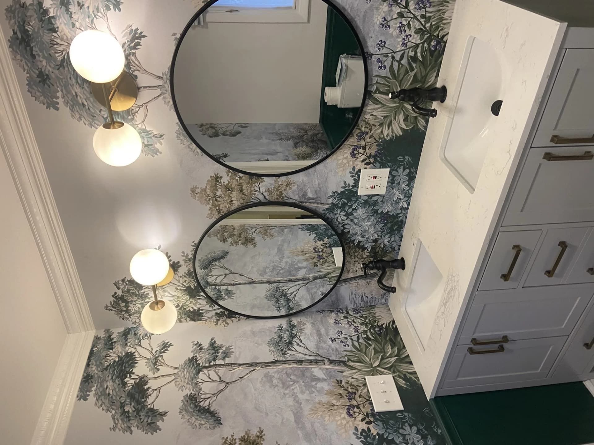 Bathroom remodel with botanical wallpaper mural and double vanity — Alexandria VA
