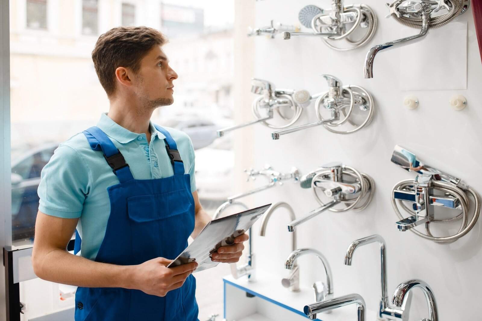 Skilled handyman examining various plumbing fixtures for repair or installation.