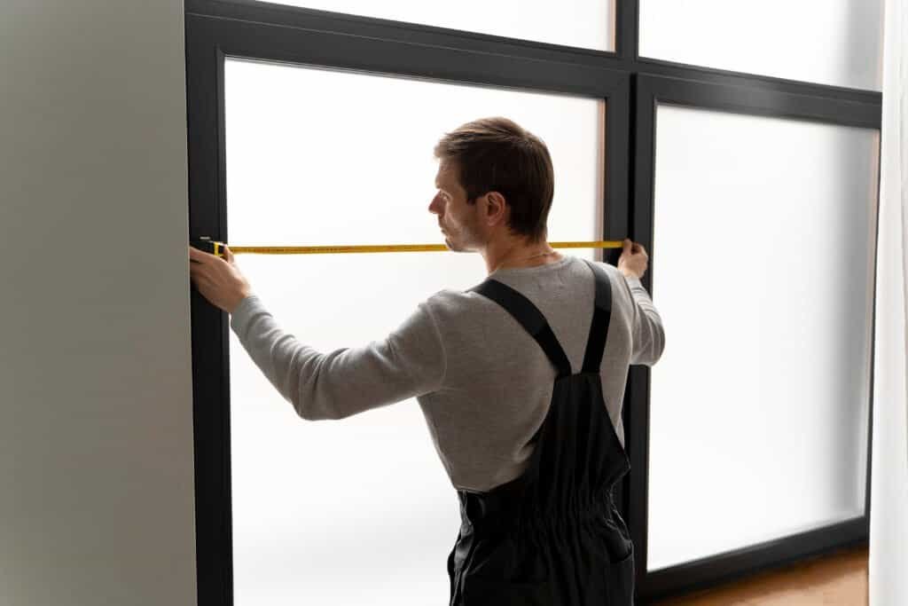 Handyman measuring window for installation and repair services.